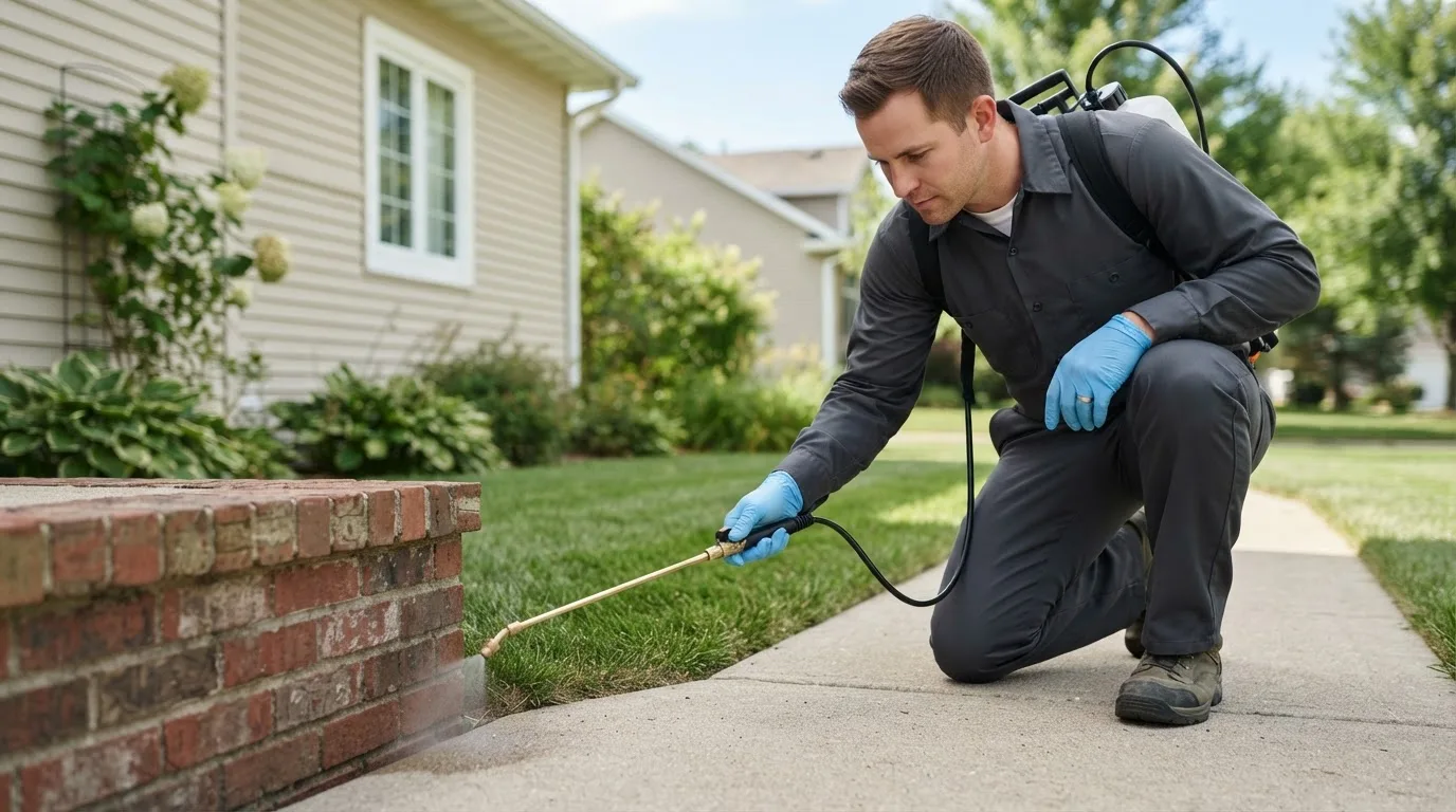 Pest control technician treating a home near Huddleston, VA