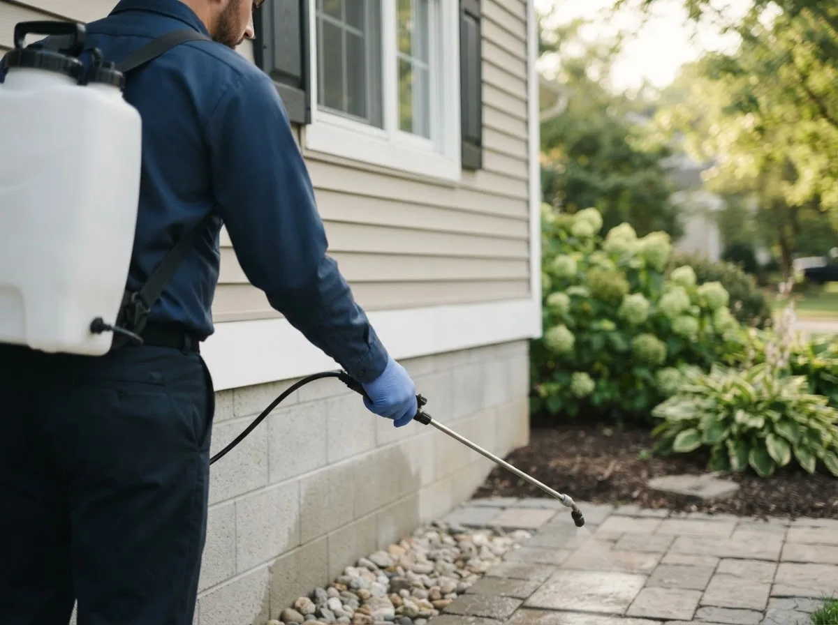 Pest control technician inspecting a home in Huddleston, VA